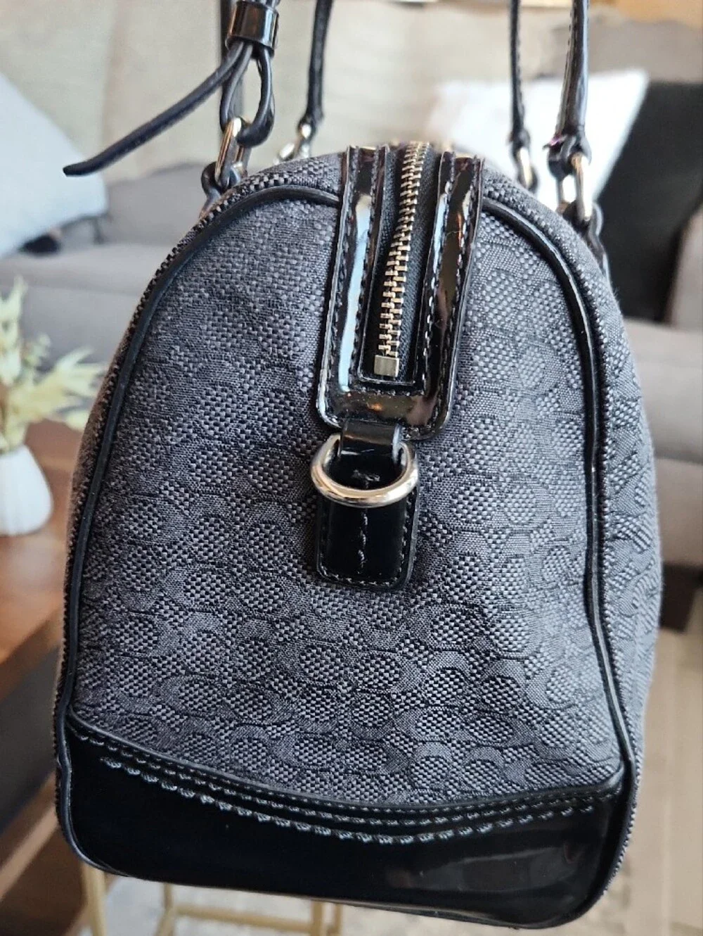 Coach Poppy Signature C Mini Oxford Satchel in dark grey and black
